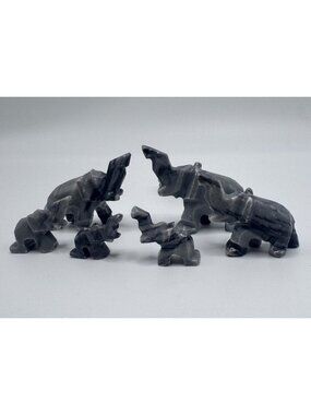 Hand-Carved Gray Stone Elephant Family Figurines Set 7 Decorative Collectibles C